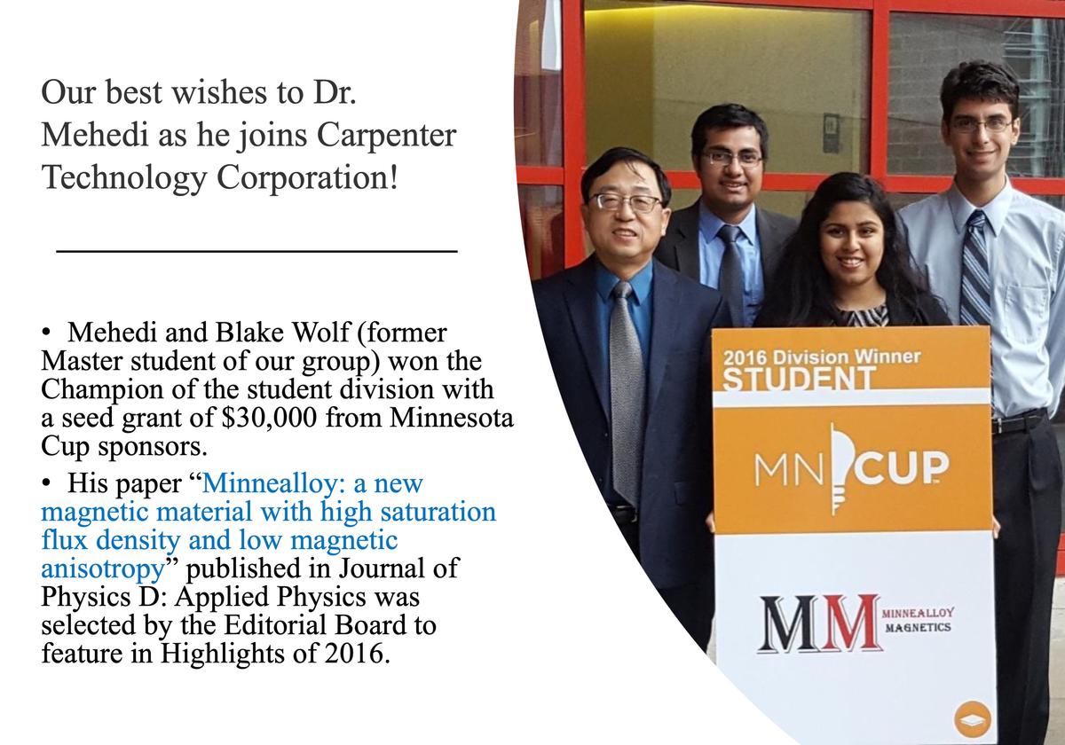 Our best wishes to Dr. Mehedi as he joins Carpenter Technology Corporation!